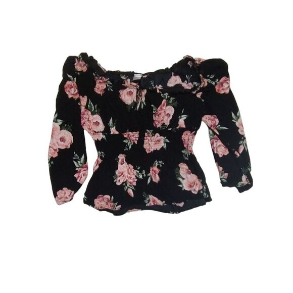 Romantic Floral Off-Shoulder Puff Sleeve Smocked Top Black Pink Rose Pattern - Picture 3 of 8